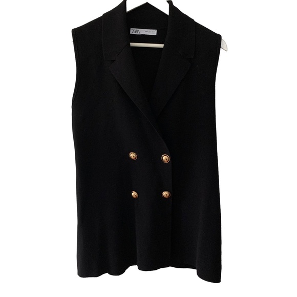 Zara Sweaters - Zara Black Knit Sleeveless Double Breasted Blazer Vest Gold Buttons Small